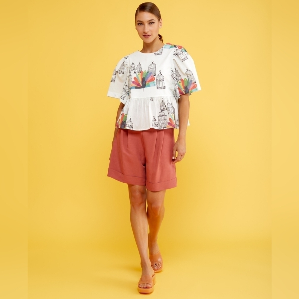 Moutaki Made in Greece White Birdcage Lightweight Peplum Top M